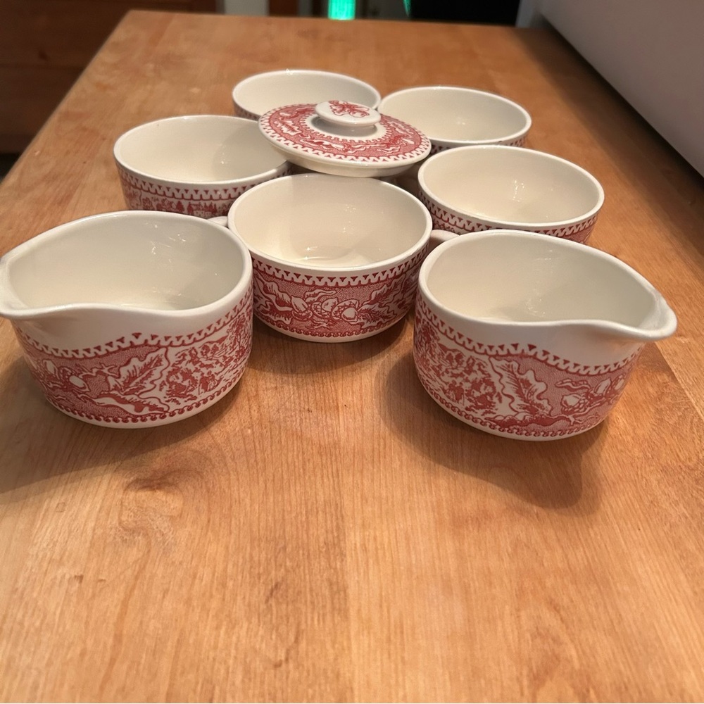 Vintage 1965 MEMORY LANE Red Pink- cups, creamers, lid Royal Ironstone.